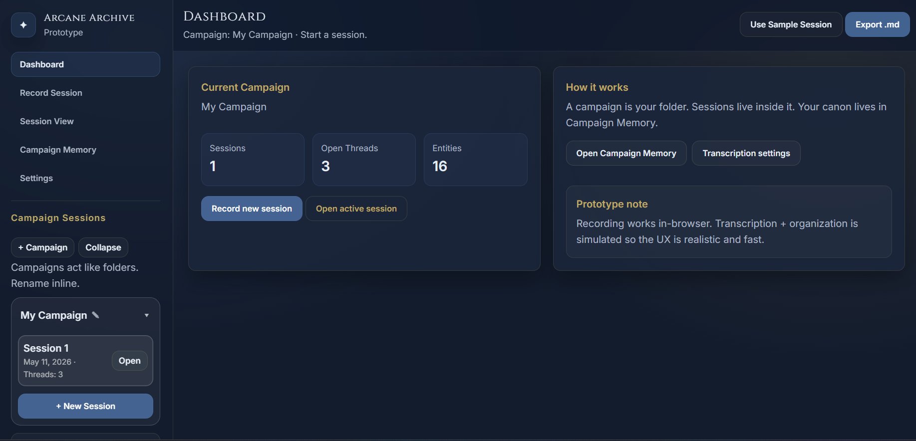 Arcane Archive Dashboard — campaign KPIs, session tree, navigation