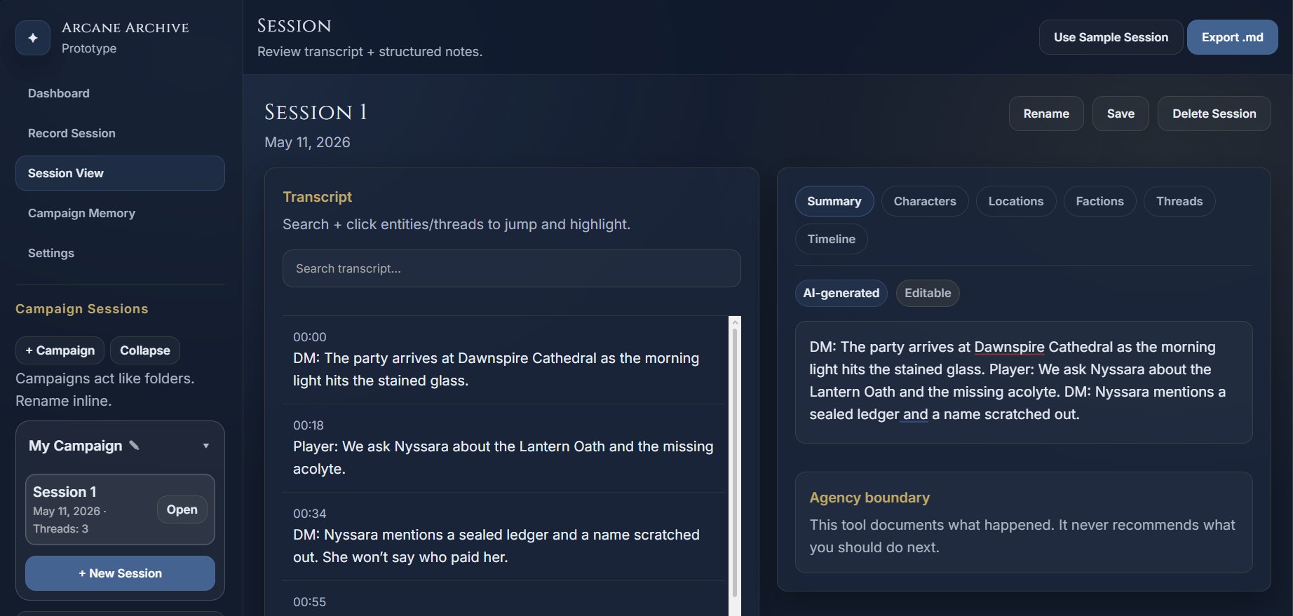 Arcane Archive Session View — transcript + AI-generated tabs