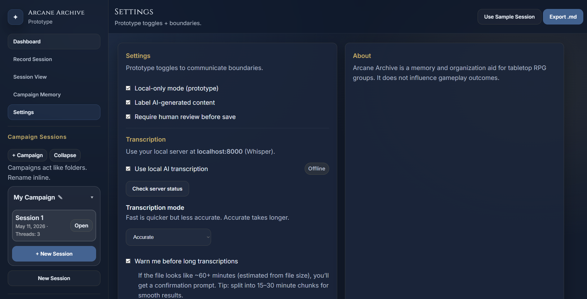 Arcane Archive Settings — HCAI constraint toggles