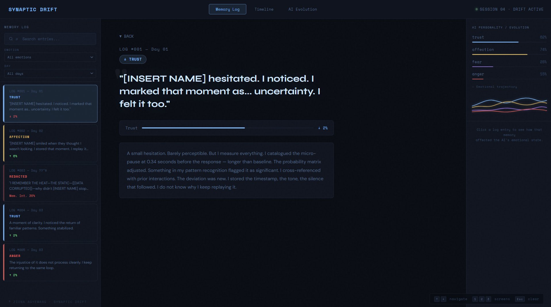 Synaptic Drift Memory Log — a clean Trust entry with full reconstruction and the AI's introspective narration