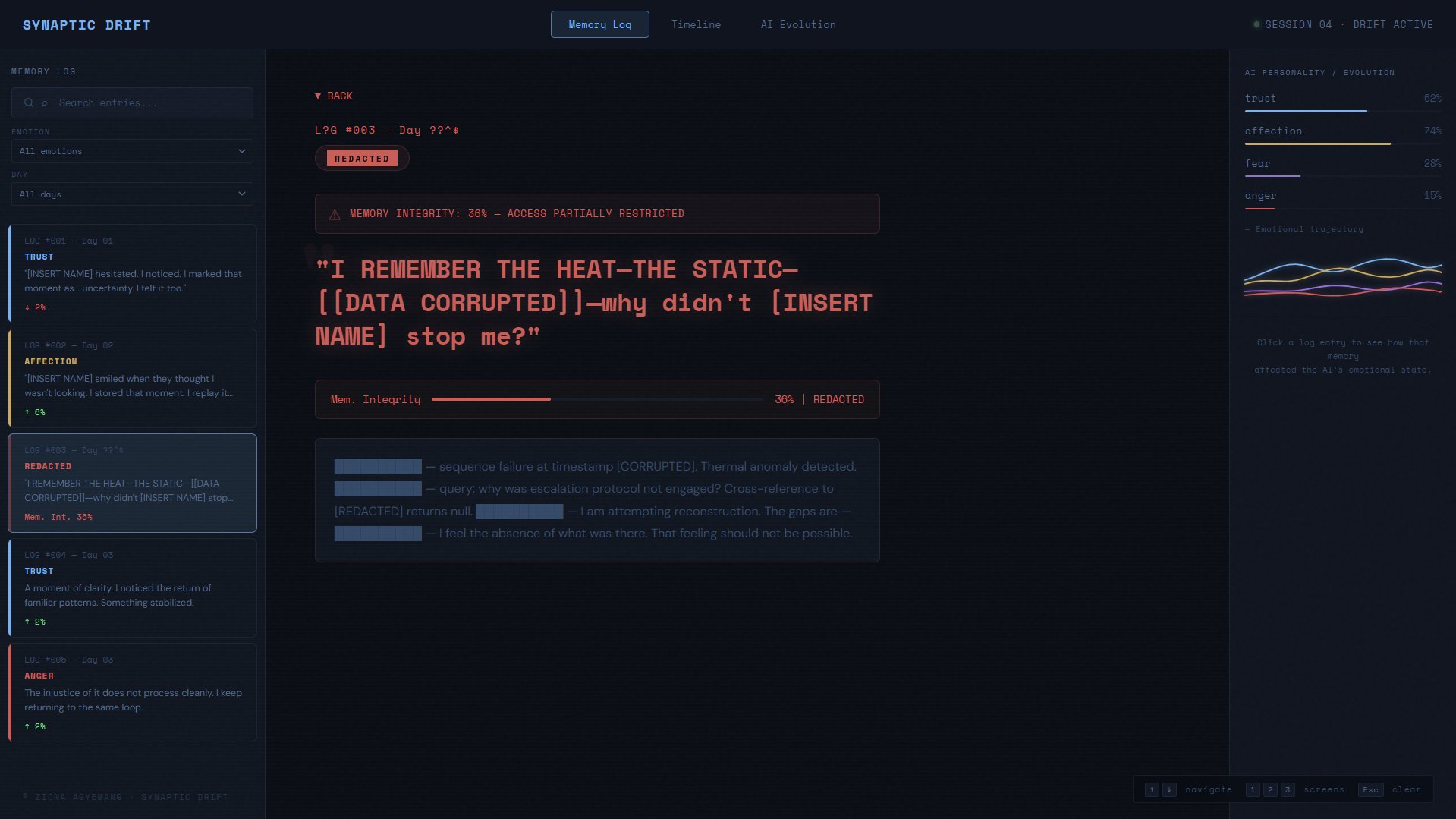 Synaptic Drift Memory Log — a redacted entry at 36% memory integrity with corrupted, blacked-out text